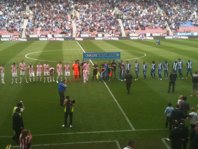 Wigan Athletic and Stoke City line up at the DW stadium