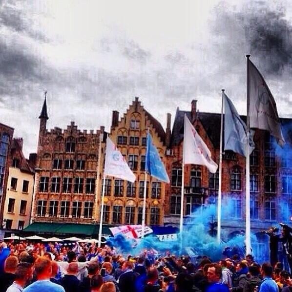 Pre match scenes in the Market Square, Bruges